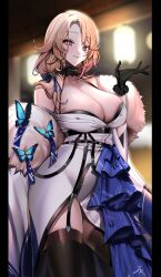 Rule 34 | 1girl, absurdres, bare shoulders, black gloves, black kimono, black thighhighs, blonde hair, blue ribbon, blurry, breasts, cleavage, closed mouth, coat, collarbone, cowboy shot, depth of field, fur-trimmed coat, fur-trimmed kimono, fur trim, gloves, goddess of victory: nikke, hair ribbon, highres, huge breasts, japanese clothes, kimono, long hair, ludmilla (nikke), ludmilla (winter owner) (nikke), official alternate costume, parted bangs, red eyes, ribbon, smile, solo, thighhighs, two-tone kimono, white kimono, ymr yamero