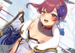 Rule 34 | 1girl, absurdres, anchor choker, blush, breasts, choker, cleavage, covered navel, detached collar, floating hair, hair ornament, heterochromia, highres, hololive, houshou marine, houshou marine (new year), japanese clothes, kimono, looking at viewer, medium breasts, mugino0515, new year, official alternate costume, open mouth, pelvic curtain, ponytail, red choker, red eyes, red hair, side slit, smile, snow, snowing, solo, tassel, teeth, upper teeth only, virtual youtuber, wide sleeves, yellow eyes