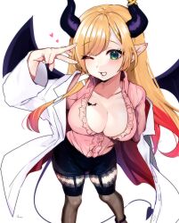 Rule 34 | 1girl, black garter straps, black skirt, black thighhighs, blonde hair, blue eyes, breasts, center frills, cleavage, coat, demon girl, demon horns, demon tail, demon wings, frills, garter straps, heart, heart tattoo, highres, hololive, horns, kirara hoshiyama, lab coat, lace, lace-trimmed thighhighs, large breasts, looking at viewer, one eye closed, open mouth, pink shirt, pointy ears, shirt, skirt, solo, tail, tattoo, thighhighs, v, virtual youtuber, white background, white coat, winged heart tattoo, wings, yuzuki choco, yuzuki choco (1st costume)