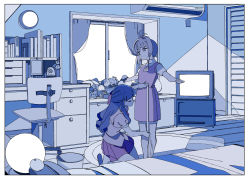 Rule 34 | 2girls, air conditioner, antenna hair, bed, bedroom, blue theme, cardcaptor sakura, chair, commentary, cushion, daidouji tomoyo, desk, dress, edoya inuhachi, closed eyes, hair intakes, half updo, highres, indoors, kinomoto sakura, kneeling, limited palette, long hair, measuring, multiple girls, outstretched arms, puffy short sleeves, puffy sleeves, shirt, short hair, short sleeves, skirt, spread arms, standing, stuffed animal, stuffed toy, tape measure, television, window