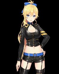 Rule 34 | 1girl, animated, animated gif, atdan, belt, black shirt, black shorts, black thighhighs, blonde hair, blue bow, blue eyes, bow, breasts, buttons, cowboy shot, crop top, dress shirt, garter straps, girl cafe gun, hair between eyes, hair bow, hand on own hip, hand up, heart, juno emmons, large breasts, licking lips, live2d, long hair, long sleeves, looking at viewer, midriff, naughty face, navel, official art, one eye closed, open mouth, ponytail, shirt, short shorts, shorts, smile, solo, standing, stomach, thighhighs, thighs, tongue, tongue out, transparent background