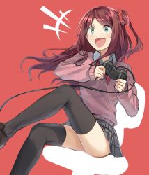 Rule 34 | 1girl, akabane youko, black thighhighs, blush, bow, bowtie, brown hair, cardigan, commentary, controller, fang, green eyes, hair ornament, hair scrunchie, highres, holding, holding controller, long hair, miniskirt, nijisanji, one side up, open mouth, pink cardigan, plaid, plaid skirt, red background, sanpaku, scrunchie, skirt, somechime (sometime1209), thighhighs, thighs, virtual youtuber, zettai ryouiki