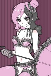 Rule 34 | 1girl, breasts, brown hair, dokur01, frills, garter straps, gloves, hat, lingerie, mini hat, mini top hat, monochrome, multicolored hair, neo politan, pink hair, ribbon, rwby, solo, striped, striped background, top hat, umbrella, underwear