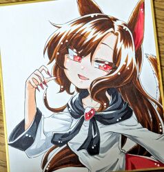 Rule 34 | 1girl, animal ears, baketanundk, brown eyes, brown hair, collarbone, commentary request, dress, fingernails, imaizumi kagerou, long fingernails, long sleeves, looking at viewer, open mouth, red eyes, red nails, simple background, solo, touhou, traditional media, upper body, white background, white dress, wolf ears, wolf girl