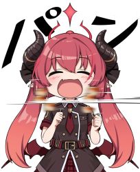 Rule 34 | 1girl, ahoge, belt, blue archive, blurry, blush, dango, eating, emphasis lines, closed eyes, fang, food, hair between eyes, halo, holding, horns, junko (blue archive), long hair, military, military uniform, necktie, open mouth, pointy ears, red hair, red necktie, simple background, solo, twintails, uniform, very long hair, wagashi, white background, wings