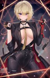 1girl belt black_belt black_choker black_coat black_gloves black_pants blonde_hair blush breasts choker clenched_teeth coat commentary contrapposto cowboy_shot doiparuni elbow_gloves evelyn_chevalier eyes_visible_through_hair gloves hair_over_one_eye hands_up harness high-waist_pants highres knife large_breasts laser light_particles looking_at_viewer mole mole_under_eye necktie no_shirt o-ring open_clothes open_coat pants partially_fingerless_gloves purple_eyes red_coat red_gloves short_hair single_elbow_glove solo standing teeth thigh_belt thigh_strap tight_clothes tight_pants twitter_username two-sided_coat two-sided_fabric two-sided_gloves wire yellow_necktie zenless_zone_zero