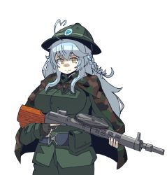 Rule 34 | 1girl, ahoge, alternate costume, belt, black gloves, blouse, blue belt, breasts, collared shirt, dp-27, drawfag, fingerless gloves, gloves, green hat, green jacket, green shirt, gun, hat, heart, heart ahoge, heart hair, holding, holding gun, holding weapon, hololive, jacket, jacket on shoulders, large breasts, looking at viewer, pouch, shirt, solo, transparent background, virtual youtuber, weapon, weapon request, yellow eyes, yukihana lamy
