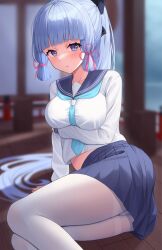 Rule 34 | 1girl, :/, arm support, arm under breasts, ayaka (genshin impact), blue eyes, blue necktie, blue sailor collar, blue skirt, blurry, blurry background, blush, breast hold, breasts, closed mouth, depth of field, feet out of frame, flower knot, genshin impact, hair ribbon, highres, indoors, long hair, long sleeves, looking at viewer, medium breasts, midriff, mutenka (plfgb), necktie, pantyhose, pleated skirt, ponytail, raised eyebrows, red ribbon, ribbon, sailor collar, school uniform, serafuku, shirt, sitting, skirt, solo, thighband pantyhose, thighs, tress ribbon, white hair, white pantyhose, white shirt
