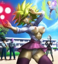 Rule 34 | 2girls, 3boys, abs, angel (dragon ball), aura, battle, bespectacled, black footwear, black hair, black jacket, black necktie, black skirt, blonde hair, blue eyes, breasts, brown footwear, cabba, cameltoe, collared shirt, colored skin, cowboy shot, curvy, day, dragon ball, dragon ball super, earrings, electricity, elite nappa, energy, energy ball, energy ring, energy rings, fighting stance, floating, formal, full body, glasses, green earrings, grin, hand on own hip, hands in pockets, high ponytail, highleg, highleg panties, highres, hit (dragon ball), index finger raised, jacket, jewelry, kefla (dragon ball), looking at another, microskirt, multiple boys, multiple girls, muscular, muscular male, necktie, one eye closed, outdoors, panties, pantyshot, pencil skirt, pleated skirt, potara earrings, purple skin, purple thighhighs, school, school uniform, scolding, shirt, skindentation, skirt, skirt suit, sleeves rolled up, smile, son goku, spiked hair, standing, suit, super saiyan, teacher, thighhighs, torn clothes, underwear, vados (dragon ball), white hair, white panties, white shirt, white skirt, wing collar, wink