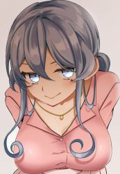 Rule 34 | 1girl, :&gt;, blue hair, blush, breasts, dress, gotland (kancolle), grey background, hair between eyes, hair bun, jewelry, kantai collection, large breasts, long hair, looking at viewer, mole, mole under eye, necklace, pink dress, shino (ponjiyuusu), single hair bun, smile, solo, upper body