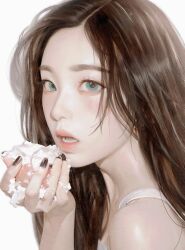 Rule 34 | 1girl, absurdres, black nails, blue eyes, blush, brown hair, cake, camisole, cream, food, highres, holding, holding cake, holding food, irene (red velvet), k-pop, long hair, looking at viewer, nagamerin, nail polish, open mouth, real life, realistic, red velvet (group), solo, white background, white camisole