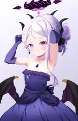 Rule 34 | 1girl, absurdres, armpits, arms up, blue archive, breasts, cleavage, demon girl, demon horns, demon wings, dress, earrings, elbow gloves, gloves, grey hair, highres, hina (blue archive), hina (dress) (blue archive), horns, jewelry, long hair, looking at viewer, low wings, necklace, official alternate costume, purple dress, purple gloves, single earring, small breasts, smile, solo, uro30, wings