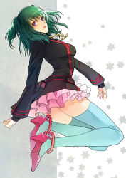 Rule 34 | 1girl, anklet, arm warmers, belt, belt pouch, black jacket, blazer, blue thighhighs, blush, buttons, d.gray-man, from side, full body, green hair, high heels, jacket, jewelry, kanameyura, layered skirt, lenalee lee, long sleeves, looking at viewer, looking to the side, miniskirt, pink footwear, pink heels, pink skirt, pocket, pouch, purple eyes, shoes, short hair, short twintails, skirt, solo, star (symbol), thighhighs, thighs, twintails, zettai ryouiki