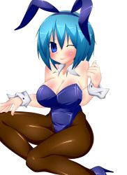 Rule 34 | 10s, 1girl, absurdres, animal ears, blue eyes, blue hair, breasts, brown pantyhose, cleavage, detached collar, fake animal ears, high heels, highres, large breasts, leotard, lips, looking at viewer, mahou shoujo madoka magica, mahou shoujo madoka magica (anime), miki sayaka, one eye closed, pantyhose, playboy bunny, rabbit ears, ryokutoosu, shoes, short hair, simple background, smile, white background, wink, wrist cuffs