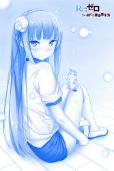 Rule 34 | 10s, 1girl, alternate costume, animal, ball, blue theme, blurry, blush, buruma, cat, closed mouth, contemporary, copyright name, depth of field, elf, emilia (re:zero), eyebrows, eyelashes, flower, from side, full body, gym uniform, hair flower, hair ornament, hair ribbon, highres, holding, holding ball, kuro neko (yxmikan), light particles, long hair, looking at viewer, looking back, monochrome, on floor, one eye closed, over-kneehighs, pack (re:zero), pointy ears, pouch, puck (re:zero), re:zero kara hajimeru isekai seikatsu, ribbon, shoes, short sleeves, shorts, sitting, thighhighs, uwabaki, volleyball (object), white thighhighs, wooden floor