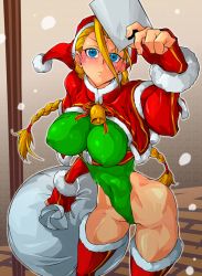 Rule 34 | 1girl, :&lt;, bell, blonde hair, blue eyes, blush, boots, braid, breasts, cammy white, covered navel, covered erect nipples, female focus, fingerless gloves, from above, fur trim, gloves, hat, highres, impossible clothes, impossible leotard, large breasts, leotard, letter, long hair, looking at viewer, red gloves, sack, santa costume, santa hat, snow, snowing, solo, street fighter, thick thighs, thigh boots, thighhighs, thighs, toned, twin braids, twintails, yoshitsuki