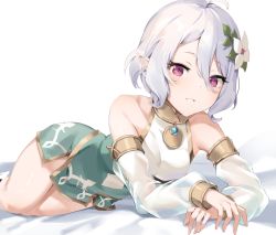 Rule 34 | 1girl, arm support, bare shoulders, bed sheet, blush, breasts, commentary request, detached sleeves, dress, elf, flower, hair between eyes, hair flower, hair ornament, highres, icomochi, kokkoro (princess connect!), leaf, long sleeves, looking at viewer, lying, on stomach, parted lips, pointy ears, princess connect!, purple eyes, see-through, short dress, side slit, silver hair, simple background, small breasts, smile, solo, two-tone dress, white background, white flower