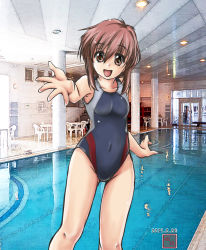 Rule 34 | 1girl, brown eyes, brown hair, competition swimsuit, covered navel, cowboy shot, foreshortening, grey one-piece swimsuit, looking at viewer, mamoru (sister princess), masamori ikemo, one-piece swimsuit, open mouth, photo background, pool, short hair, sister princess, smile, solo, standing, swimsuit