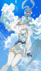 Rule 34 | 1girl, :d, altaria, arm up, bare shoulders, blue dress, blue gloves, blue nails, blue sky, blush, cloud, commentary, creatures (company), crossover, day, detached sleeves, dress, feet out of frame, flying miku (project voltage), game freak, gen 3 pokemon, gloves, grey hair, hair between eyes, haruri, hatsune miku, highres, knees together feet apart, long sleeves, looking at viewer, nail polish, nintendo, open mouth, outdoors, pokemon, project voltage, puffy long sleeves, puffy sleeves, see-through, see-through sleeves, short eyebrows, short shorts, shorts, single glove, sky, sleeveless, sleeveless dress, smile, thick eyebrows, vocaloid, white shorts