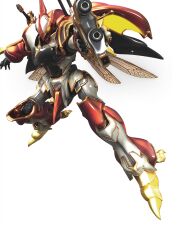 Rule 34 | 3d, billbine, glowing, glowing eye, gun, highres, holding, holding gun, holding weapon, insect wings, mecha, no humans, official art, open hand, orange eyes, robot, seisenshi dunbine, sheath, sheathed, solo, sword, transparent background, weapon, weapon on back, wings
