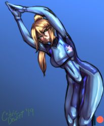 Rule 34 | 1girl, arms up, artist name, blonde hair, blue bodysuit, blue eyes, blush, bodysuit, breasts, cedric dewitt, commentary, english commentary, feet out of frame, highres, large breasts, long hair, looking at viewer, metroid, nintendo, own hands together, parted lips, patreon logo, ponytail, samus aran, sidelocks, skin tight, solo, teeth, zero suit