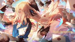 Rule 34 | 1girl, animal, bird, blonde hair, blue jacket, blush, braid, character name, closed eyes, closed mouth, cloud, cloudy sky, commentary request, copyright name, envelope, floating hair, hair between eyes, hands up, highres, jacket, juliet sleeves, long hair, long sleeves, mechanical hands, outdoors, profile, prosthesis, prosthetic hand, puffy sleeves, sky, smile, solo, sunset, tears, upper body, usanekorin, very long hair, violet evergarden, violet evergarden (series)