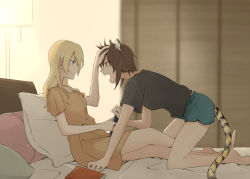 Rule 34 | 2girls, animal ears, bed, black shirt, blonde hair, blue shorts, book, brown dress, brown hair, closed mouth, commentary, darjeeling (girls und panzer), dolphin shorts, dress, fang, from side, frown, girls und panzer, hair down, hand on another&#039;s head, holding, kemonomimi mode, kneeling, leaning forward, light smile, long hair, looking at another, multiple girls, nishizumi maho, on bed, open mouth, pillow, shirt, short dress, shorts, sitting, sleepwear, tail, tiger ears, tiger tail, yuri, yuuhi (arcadia)