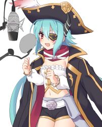 Rule 34 | 1girl, anna (pirate) (princess connect!), anna (princess connect!), aqua hair, belt, black coat, black hat, black horns, black shorts, breasts, coat, coat on shoulders, demon girl, demon horns, detached sleeves, eyepatch, facial mark, hair between eyes, hat, highres, horns, long hair, looking afar, medium breasts, microphone, midriff, navel, official alternate costume, one eye covered, open mouth, pirate costume, pirate hat, pop filter, princess connect!, red eyes, red scarf, scarf, shirt, shorts, sidelocks, solo, standing, strapless, strapless shirt, studio microphone, tnd(tenndo), upper body, white background, white belt, white shirt, white sleeves