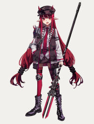 Rule 34 | 1girl, absurdres, arknights, black footwear, black skirt, black vest, blouse, boots, collared shirt, commentary request, fang, full body, grey background, highres, holding, holding polearm, holding weapon, horns, horns through headwear, long hair, low-tied long hair, low twintails, necktie, open mouth, pointy ears, polearm, red eyes, red hair, red necktie, red thighhighs, shirt, shoulder guard, sidelocks, simple background, skirt, solo, standing, tachi-e, thighhighs, twintails, very long hair, vest, vigna (arknights), weapon, white shirt, yoon cook