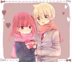 Rule 34 | 1boy, 1girl, :t, ali baba saluja, bad id, bad pixiv id, blonde hair, blush, chibi, coat, couple, earrings, gift, heart, holding, holding gift, jewelry, magi the labyrinth of magic, morgiana, necktie, open mouth, red eyes, red hair, scarf, short hair, side ponytail, valentine, yellow eyes, ytuorvi