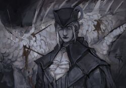 Rule 34 | 1girl, ascot, blood, bloodborne, buriedinembers, coat, crying, gem, hat, hat feather, highres, lady maria of the astral clocktower, long hair, looking at viewer, monster, ponytail, solo, streaming tears, tagme, tears, tricorne, white hair