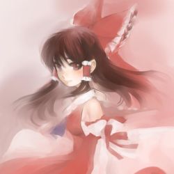 Rule 34 | 1girl, bare shoulders, bow, brown eyes, female focus, floating hair, hair bow, hakurei reimu, kayako (tdxxxk), light smile, long hair, pale color, pink background, red eyes, solo, touhou