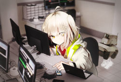 Rule 34 | 1girl, ahoge, arknights, blonde hair, blurry, chair, computer, depth of field, digital media player, eyes visible through hair, flower, hair flower, hair ornament, highres, indoors, ipod, jacket, keyboard (computer), korean commentary, laptop, looking at viewer, monitor, open clothes, open jacket, red shirt, runamonet, scene (arknights), shirt, short hair, side ponytail, sitting, upper body, white jacket, yellow eyes