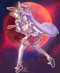 Rule 34 | 1girl, animal ears, belt, blouse, breasts, collared shirt, commentary request, crescent, crescent pin, david hrusa, full body, highres, light purple hair, long hair, medium breasts, miniskirt, moon rabbit, necktie, open mouth, pink belt, pink footwear, pink necktie, pink skirt, pleated skirt, puffy short sleeves, puffy sleeves, rabbit ears, red eyes, reisen udongein inaba, shirt, shoes, short sleeves, skirt, standing, thighhighs, touhou, very long hair, white shirt, zettai ryouiki