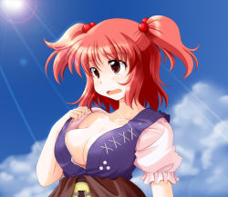 Rule 34 | 1girl, belt, blue sky, breasts, cleavage, cloud, collarbone, day, fanning face, hair bobbles, hair ornament, kinagi yuu, large breasts, no bra, onozuka komachi, open mouth, puffy short sleeves, puffy sleeves, red eyes, red hair, shirt tug, short sleeves, sky, solo, sun, sunlight, sweat, touhou, two side up, upper body