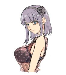 Rule 34 | 10s, 1girl, black bra, blue eyes, blunt bangs, bra, bra visible through clothes, breasts, commentary request, dagashi kashi, expressionless, flower, from side, hair flower, hair ornament, hairband, hand on own chest, highres, kotoyama, large breasts, light purple hair, looking at viewer, ringed eyes, see-through, shidare hotaru, shirt, sidelocks, sleeveless, sleeveless shirt, solo, underwear, upper body, white background