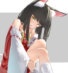 Rule 34 | 1girl, animal ear fluff, animal ears, azur lane, bare shoulders, black hair, blunt bangs, blush, commentary request, detached sleeves, dress, embarrassed, flat chest, fox ears, fox girl, from side, grey background, hime cut, isobe eiji, leaning forward, long hair, looking at viewer, nagato (azur lane), nontraditional miko, open mouth, red dress, sitting, socks, solo, straight hair, very long hair, wavy mouth, white socks, yellow eyes