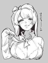 Rule 34 | 1girl, blush, bow, bowtie, bra, breasts, cleavage, collarbone, collared shirt, cropped torso, female focus, grey background, greyscale, grin, hair bow, half-closed eyes, hand up, happy, heart, highres, japanese text, large breasts, long hair, long sleeves, looking at viewer, loose bowtie, love live!, love live! school idol project, minami kotori, monochrome, nose blush, nuruko (nuru55555), one side up, open clothes, open shirt, shirt, sidelocks, simple background, sketch, smile, solo, spoken heart, talking, translation request, underwear, upper body