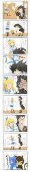 Rule 34 | black hair, blonde hair, blush, boots, cat, comic, fairy tail, gajeel redfox, gloves, green eyes, happy (fairy tail), highres, key, loke (fairy tail), long image, lucy heartfilia, pantherlily, piercing, scar, tail, tall image, translation request