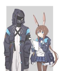 Rule 34 | 1girl, 1other, amiya (arknights), animal ears, arknights, black jacket, blue eyes, blue skirt, blush, brown hair, brown pantyhose, commentary request, doctor (arknights), grey background, hair between eyes, hands up, highres, hood, hood down, hood up, hooded jacket, jacket, long hair, long sleeves, low ponytail, o kudake, open clothes, open jacket, pantyhose, pleated skirt, ponytail, rabbit ears, shirt, skirt, standing, two-tone background, very long hair, white background, white shirt