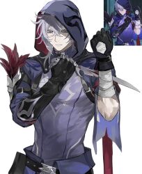 Rule 34 | 1boy, asymmetrical sleeves, bandaged arm, bandaged hand, bandages, belt, black belt, black gloves, claw ring, closed mouth, commentary request, cropped jacket, crossed bangs, feathers, game screenshot inset, gloves, grey hair, hair between eyes, hands up, highres, holding, holding knife, honkai: star rail, honkai (series), hood, hood up, hooded jacket, jacket, knife, korean commentary, long sleeves, looking at viewer, mahan (mahan3890), male focus, moze (honkai: star rail), purple eyes, purple jacket, purple shirt, red ribbon, reference inset, ribbon, scar, scar on arm, serious, shirt, short hair, short sleeves, solo, uneven sleeves