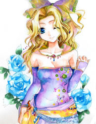 Rule 34 | 1990s (style), 1girl, bare shoulders, blonde hair, blue eyes, bow, breasts, cape, detached sleeves, dress, earrings, female focus, final fantasy, final fantasy vi, flower, fragran0live, hair bow, jewelry, long hair, one eye closed, painting (medium), retro artstyle, ribbon, solo, tina branford, traditional media, watercolor (medium), wink