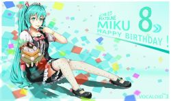 Rule 34 | 1girl, aqua eyes, aqua hair, blush, cake, character name, english text, food, frilled sleeves, frills, hair between eyes, happy birthday, hatsune miku, highres, lace, lace-trimmed legwear, lace trim, licking, licking finger, long hair, long twintails, luomo, mary janes, outstretched arm, shoes, sitting, solo, spread legs, thighhighs, thighs, twintails, vocaloid