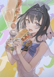 Rule 34 | 1girl, absurdres, arrow (symbol), bare shoulders, black hair, blue bow, blue eyes, blush, bow, bowtie, chain, collared shirt, food, glass, hair over shoulder, highres, holding, holding food, hololive, hololive english, hxxg, blue background, looking at viewer, open mouth, ouro kronii, sandwich, shirt, short hair, sleeveless, sleeveless shirt, solo, subway, upper body, virtual youtuber, white shirt