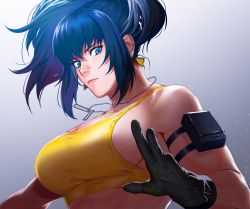 Rule 34 | 1girl, arm strap, bare shoulders, blue eyes, blue hair, breasts, clenched hand, closed mouth, crop top, dog tags, earrings, gloves, gradient background, highres, jewelry, large breasts, leona heidern, long hair, looking down, ponytail, pouch, serious, sleeveless, solo, sports bra, syo chikubai, tank top, the king of fighters, the king of fighters xiv, the king of fighters xv, triangle earrings, upper body, yellow tank top