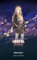 1girl artist_request blonde_hair english_text full_body gretel_(grimlight) grimlight hat highres holding holding_weapon leggings long_hair long_sleeves looking_at_viewer messy_hair official_art polearm skirt solo spear weapon yellow_eyes