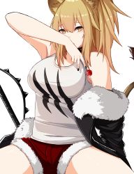 Rule 34 | 1girl, animal ears, arknights, azuri909, bare shoulders, blonde hair, breasts, brown eyes, candy, choker, cleavage, commentary request, food, fur trim, hair between eyes, highres, holding, jacket, large breasts, lion ears, lion tail, lollipop, long hair, looking at viewer, nail polish, off-shoulder jacket, off shoulder, red shorts, shorts, siege (arknights), simple background, solo, tail, tank top, white background