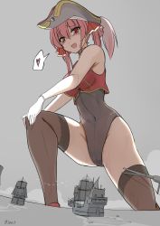 Rule 34 | 1girl, adapted costume, blush, breasts, covered navel, giant, giantess, gloves, hand on own knee, hat, heart, heterochromia, highres, hololive, houshou marine, large breasts, leotard, limited palette, long hair, open mouth, pirate hat, red eyes, red hair, sailing ship, seo tatsuya, solo, spoken heart, thighhighs, twintails, virtual youtuber, white gloves, yellow eyes