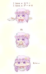 Rule 34 | 1girl, 3koma, :3, ajitsuki, bow, chibi, comic, crescent, crescent hair ornament, curry, curry rice, doughnut, eating, food, food in mouth, food on face, hair ornament, hat, mob cap, no fingers, no pupils, patchouli knowledge, pen-pineapple-apple-pen, plate, purple eyes, purple hair, ribbon, rice, sequential, simple background, spoon, touhou