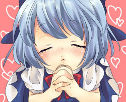 Rule 34 | 1girl, bad id, bad pixiv id, blue hair, blush, bow, cirno, closed eyes, embodiment of scarlet devil, facing viewer, female focus, hair ribbon, heart, incoming kiss, kiss, looking up, maki (natoriumu), maki (pixiv), own hands clasped, own hands together, pov, ribbon, simple background, solo, touhou, upper body